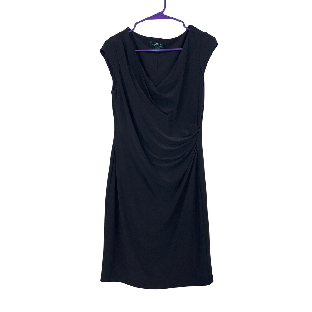 Lauren Ralph Lauren Womens 10P Black Ruched Cowl Neck Sheath Dress Sleeveless - Picture 2 of 8
